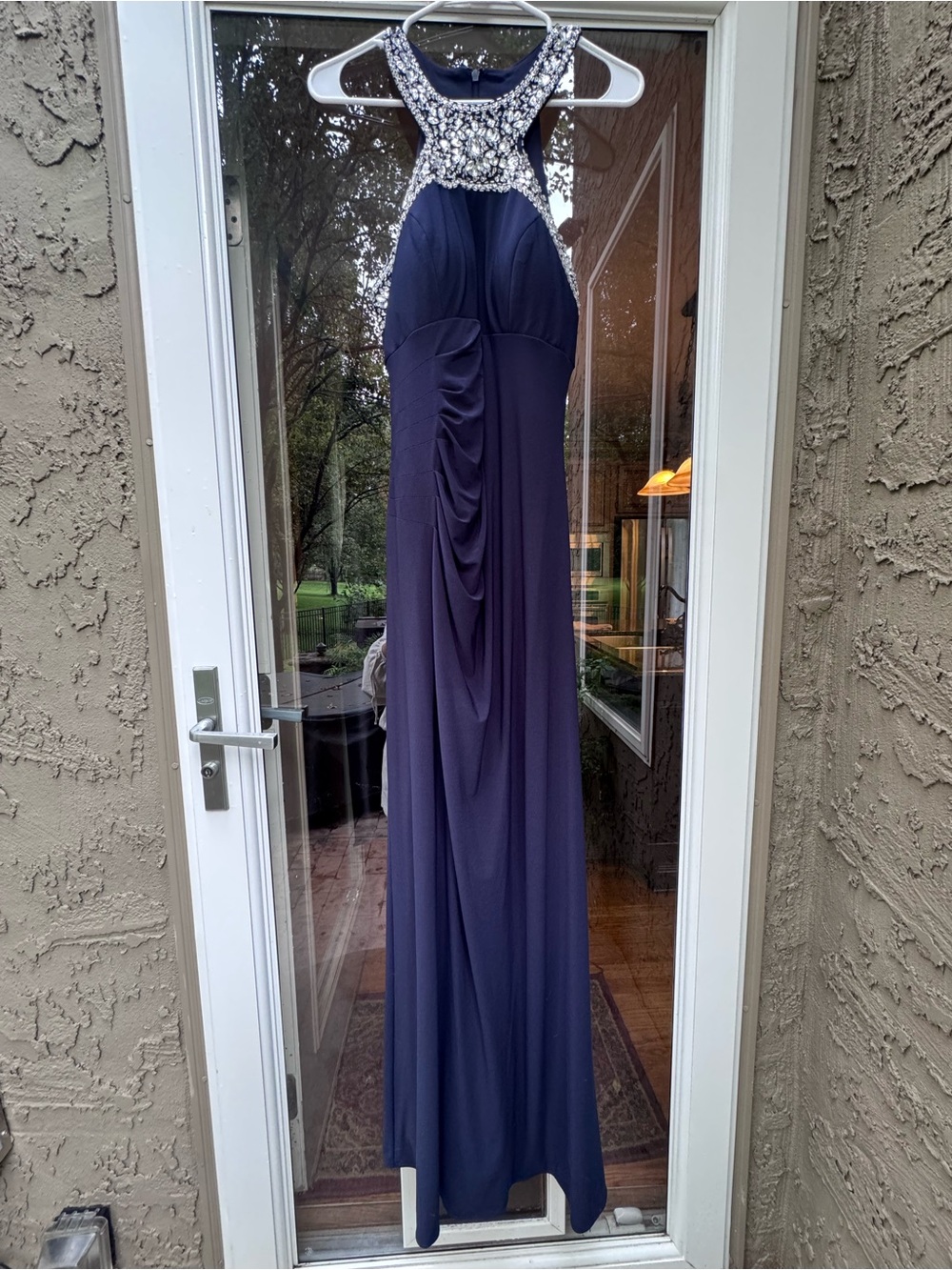 Xscape Evening Navy Beaded Halter Gown Maxi Dress Formal Evening Prom Size 12 - Picture 3 of 16